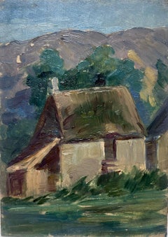 Peinture à l'huile impressionniste française des anciennes fermes françaises dans un paysage des années 1940
