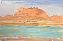 Orange Sandy Mountains Sea Desert Landscape Impressionist Watercolour Painting