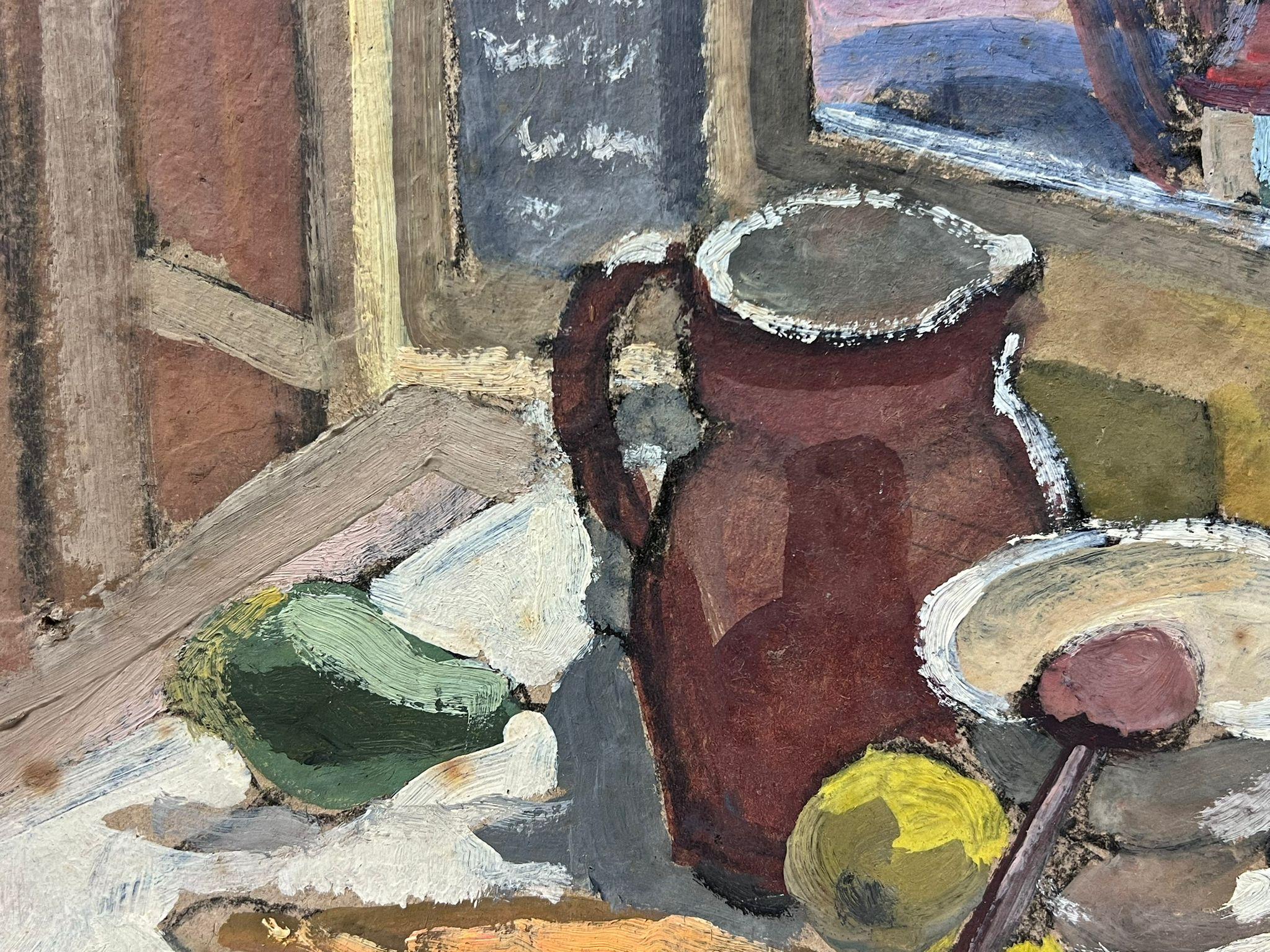 Peinture à l'huile moderniste française des années 1950, poires et bagette sur table de cuisine - Painting de Louise Alix