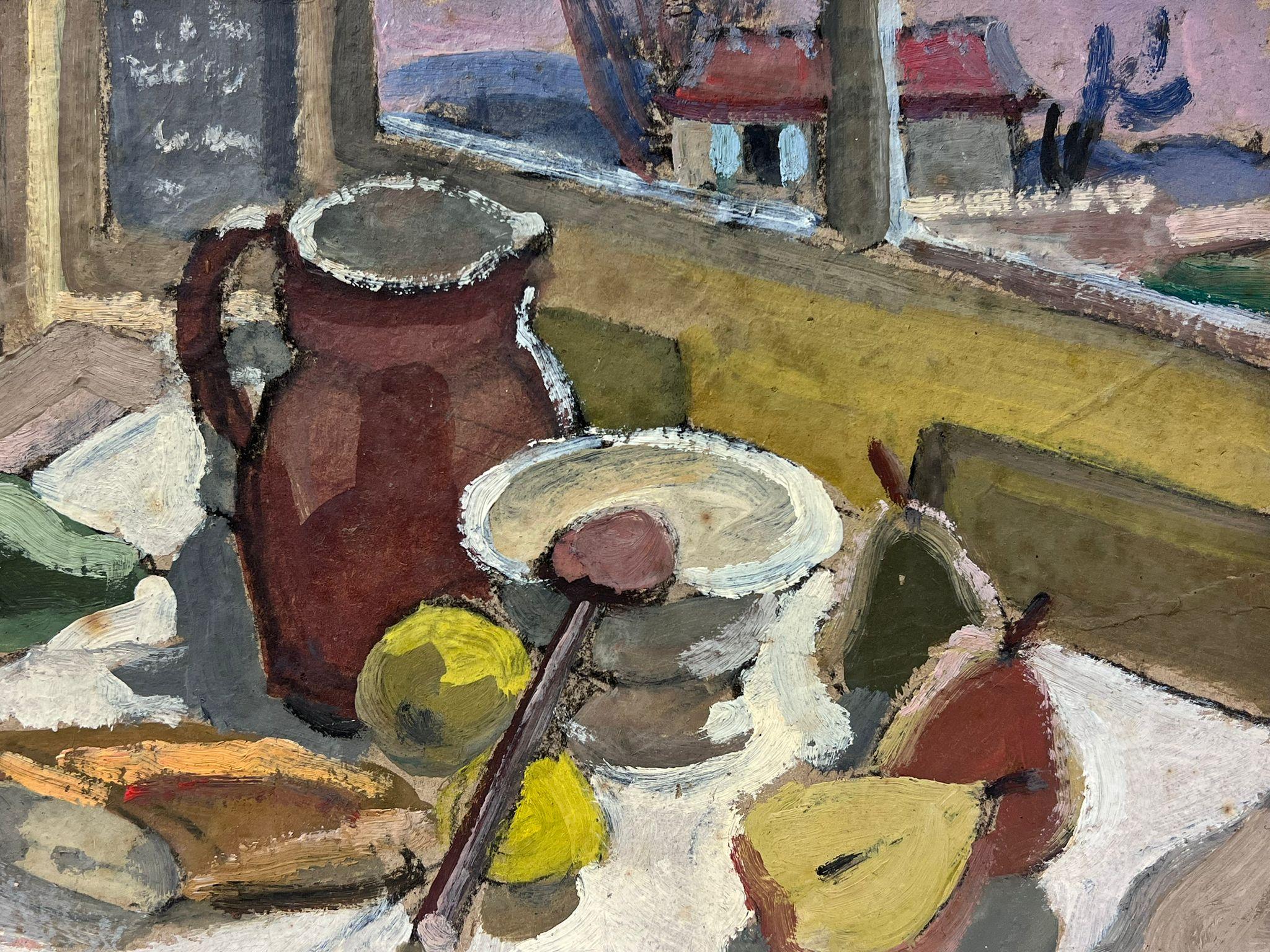 Peinture à l'huile moderniste française des années 1950, poires et bagette sur table de cuisine - Impressionnisme Painting par Louise Alix