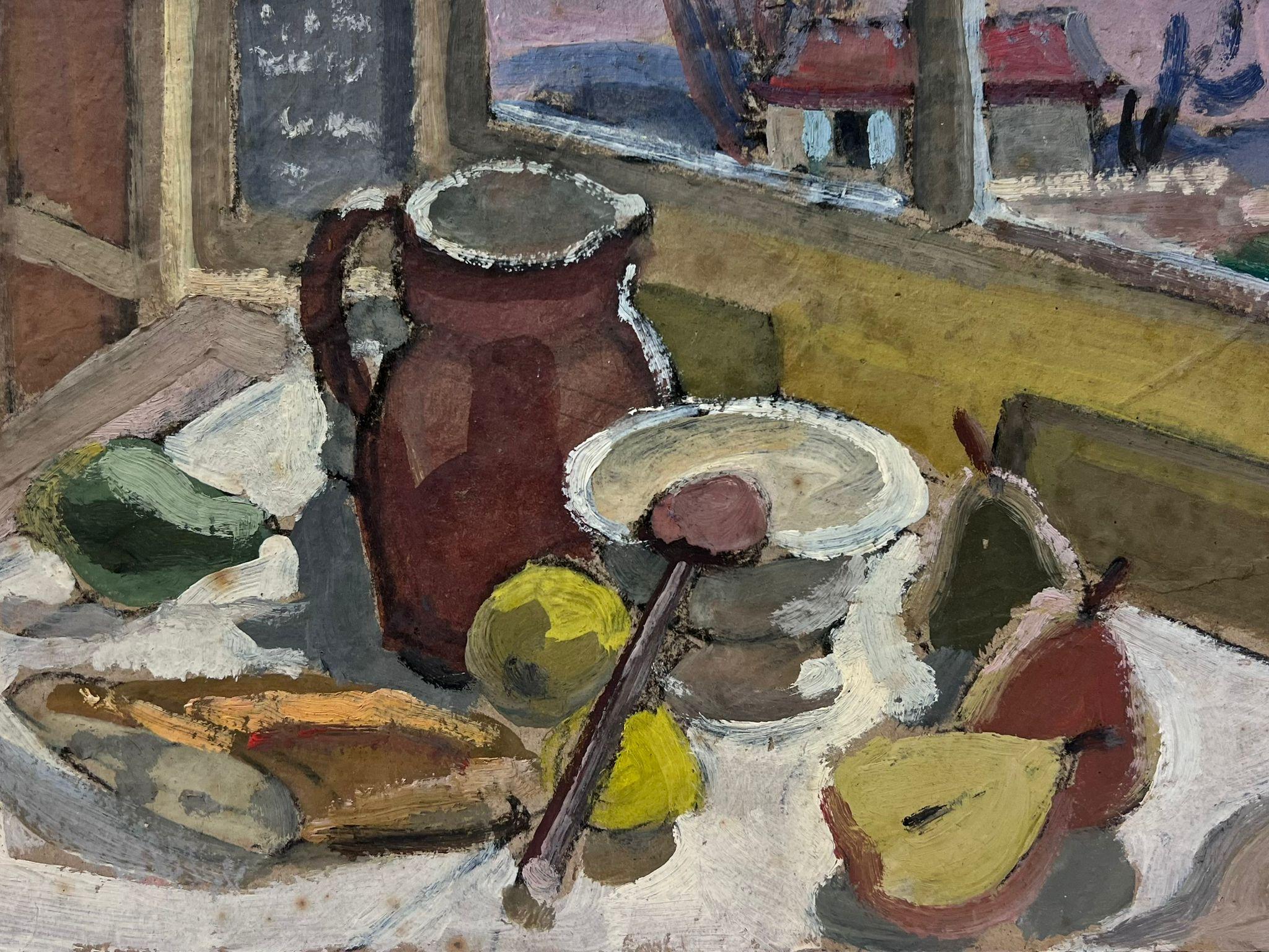 Peinture à l'huile moderniste française des années 1950, poires et bagette sur table de cuisine - Gris Still-Life Painting par Louise Alix