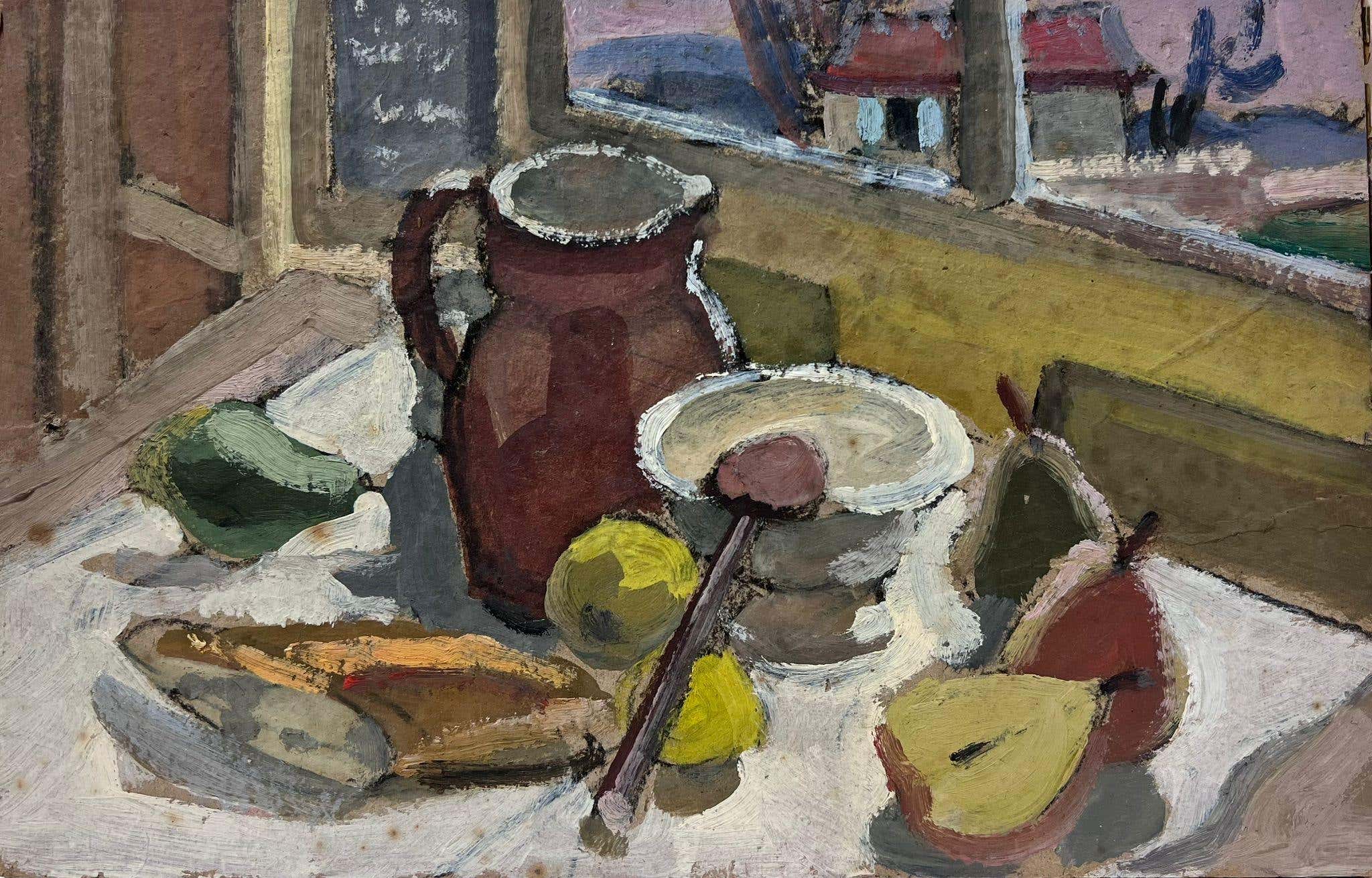 Peinture à l'huile moderniste française des années 1950, poires et bagette sur table de cuisine