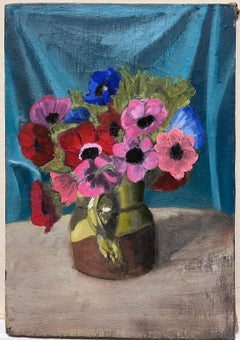 Pink Red Anemones Flowers in Vase 1950's French Impressionist Oil