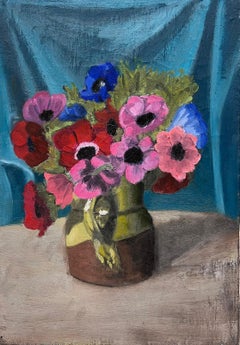 Pink Red Anemones Flowers in Vase 1950
s French Impressionist Oil