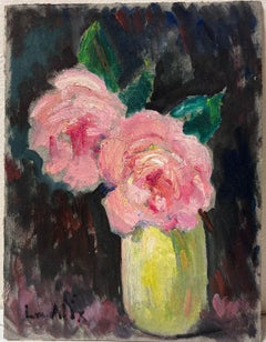 Pink Roses in Green Vase 1940's French Impressionist Signed Oil Painting
