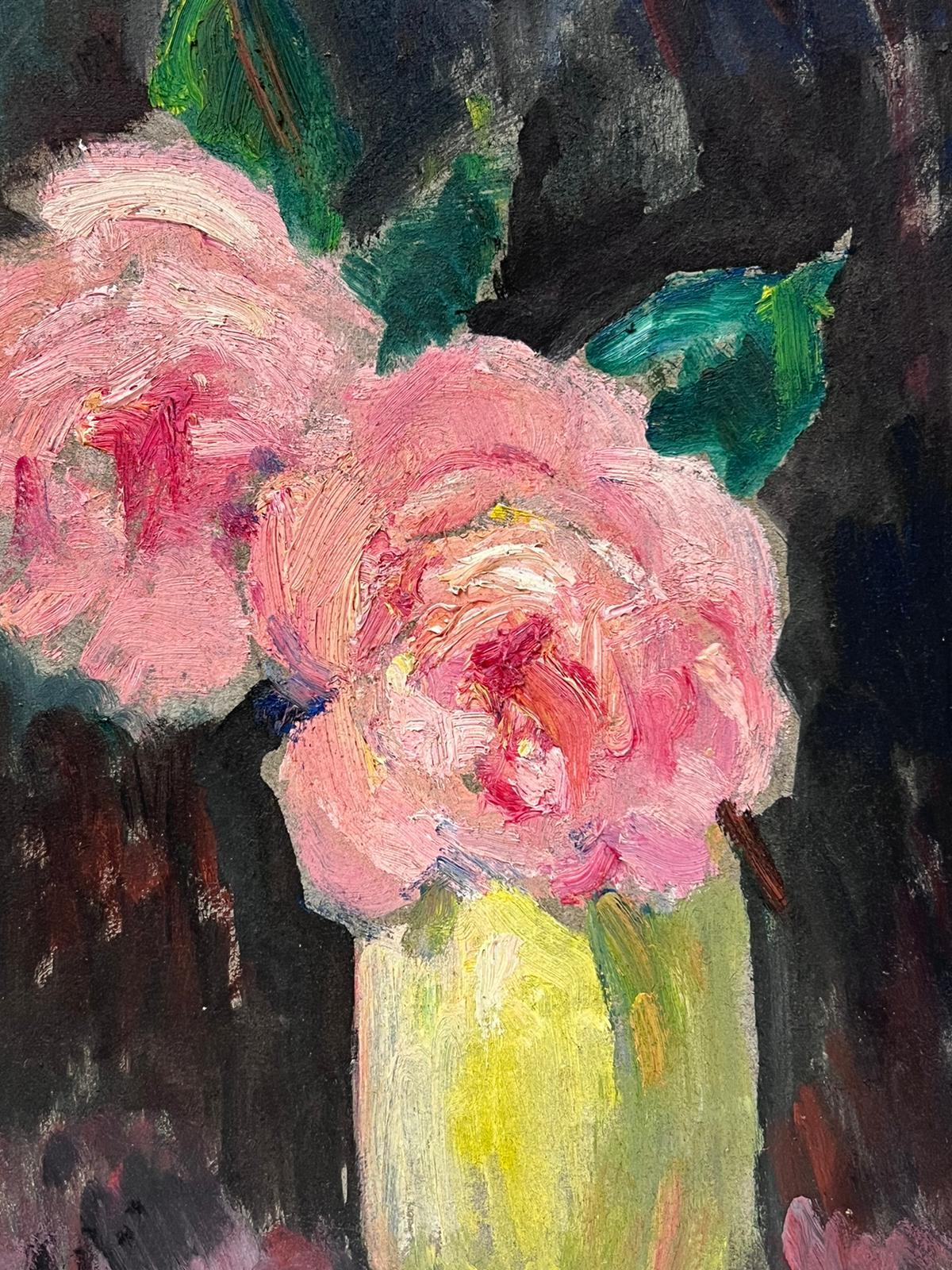Pink Roses in Green Vase 1940's French Impressionist Signed Oil Painting For Sale 1