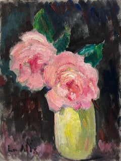 Vintage Pink Roses in Green Vase 1940's French Impressionist Signed Oil Painting