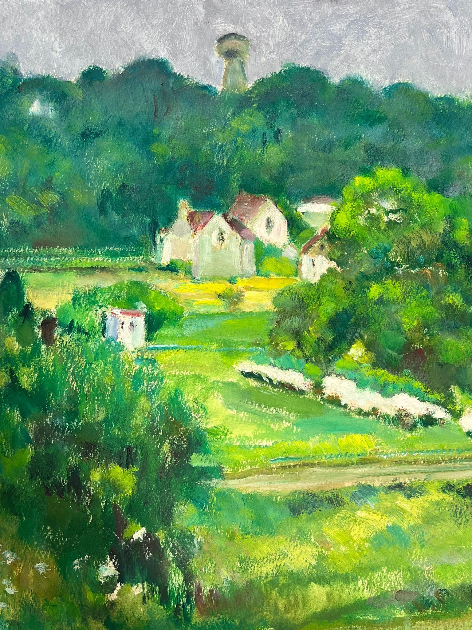Red Roof Village In Bright Green Field Landscape's French Landscape - Painting by Louise Alix