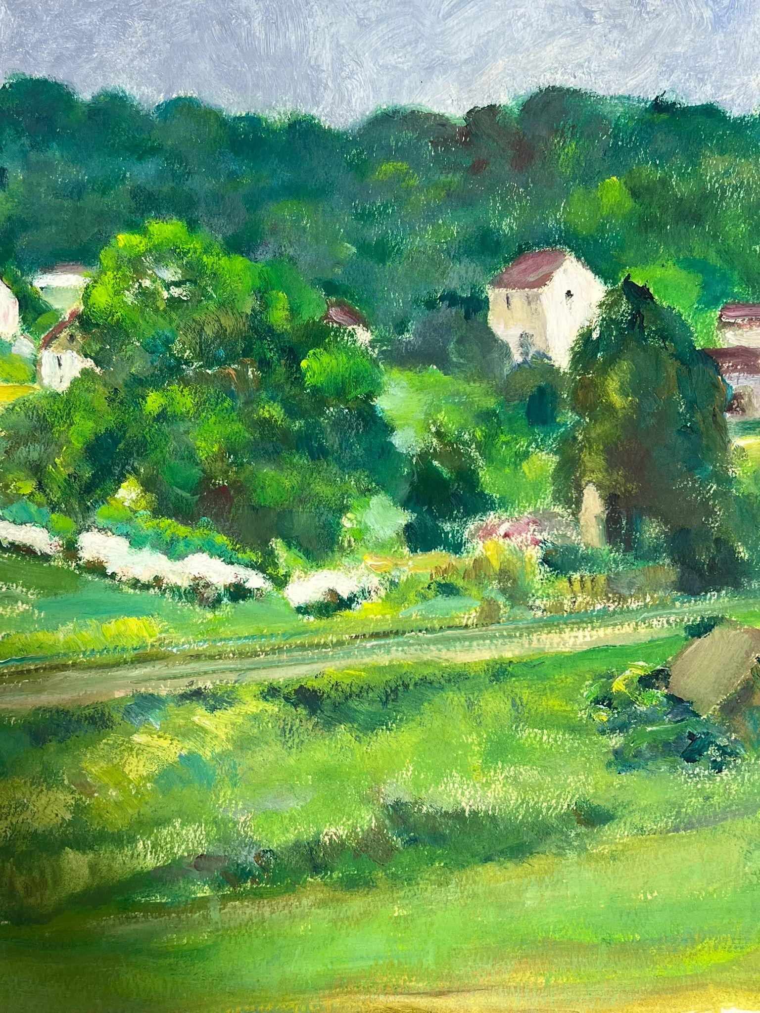 Red Roof Village In Bright Green Field Landscape's French Landscape - Impressionist Painting by Louise Alix