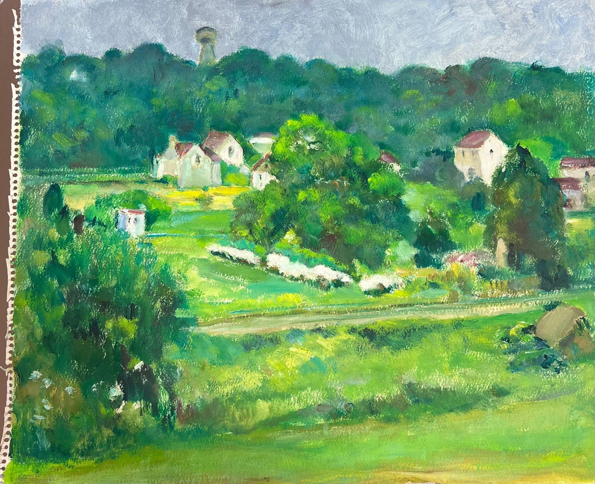 Paysage de champs d'été d'un vert éclatant
par Louise Alix, impressionniste française des années 1950 
gouache sur papier d'artiste, non encadrée
peinture : 15 x 18 pouces
provenance : d'une grande collection privée de cet artiste dans le nord de la