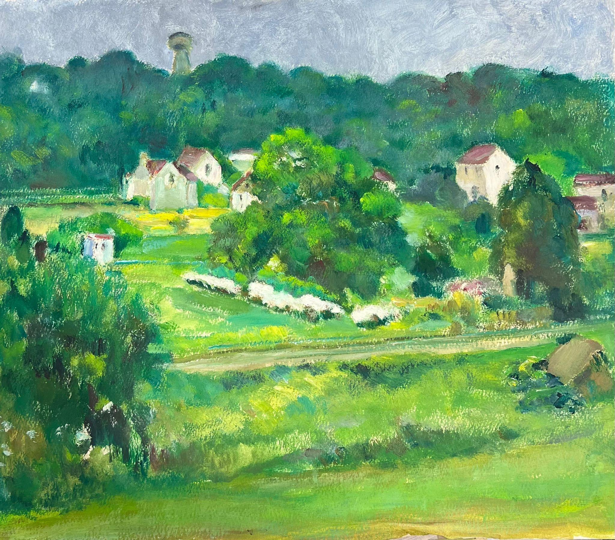Landscape Painting Louise Alix - Village à sable rouge dans un champ vert vif paysage français