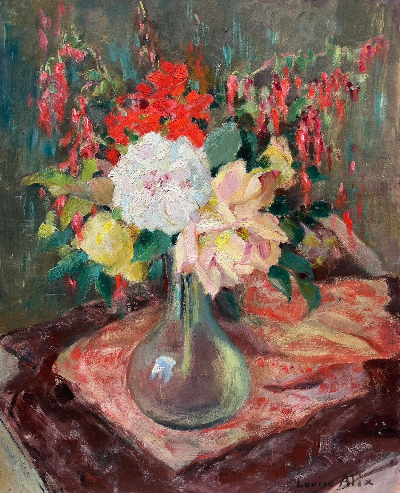Roses in Interior
by Louise Alix (French, 1888-1980) *see notes below
provenance stamp to the back 
signed oil painting on canvas stuck on board, unframed
measures: 16.5 high by 13 inches wide
condition: overall very good and sound, a few scuffs and