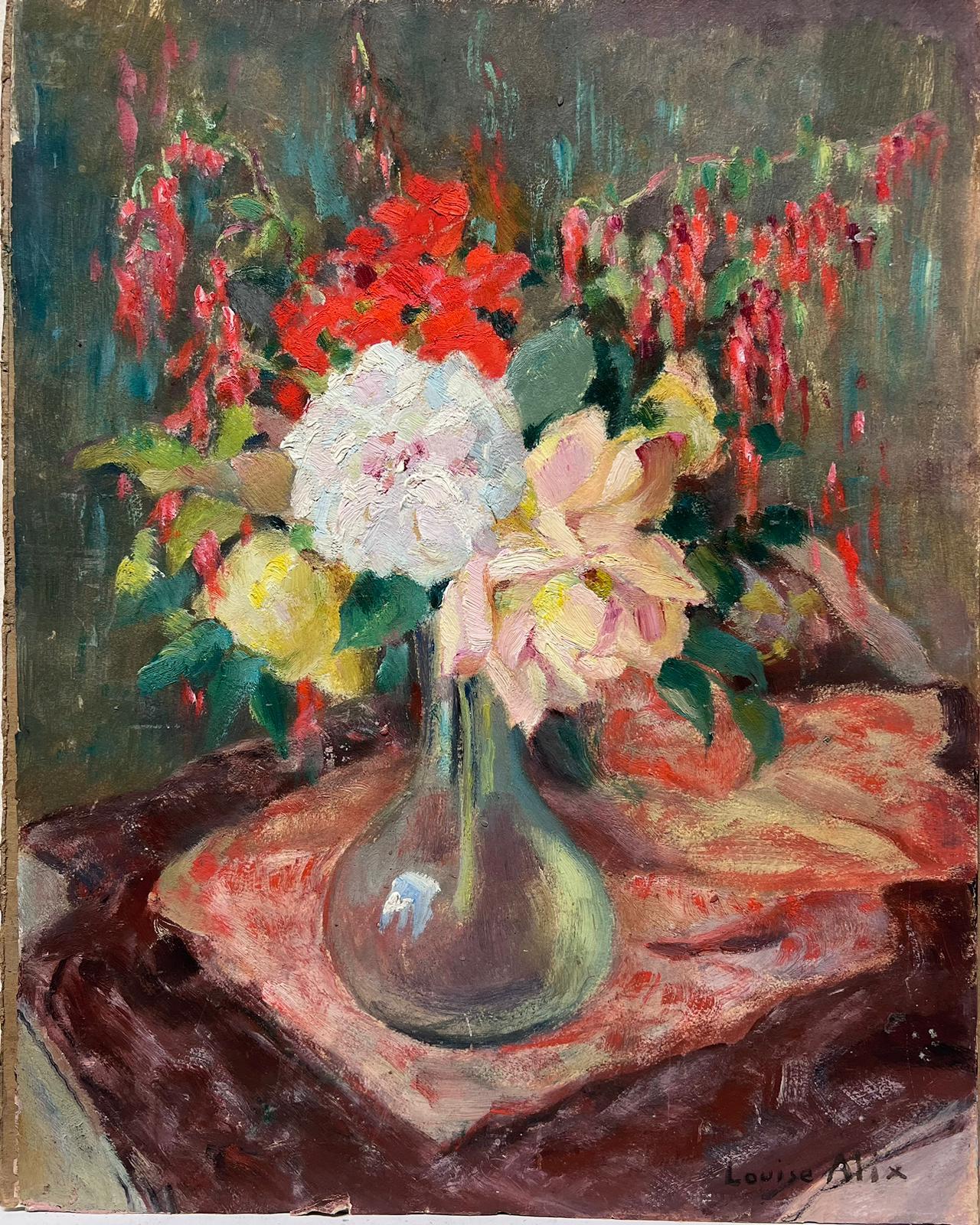 Louise Alix Still-Life Painting - Roses in Glass Vase Interior Scene 1940's French Impressionist Oil Painting 