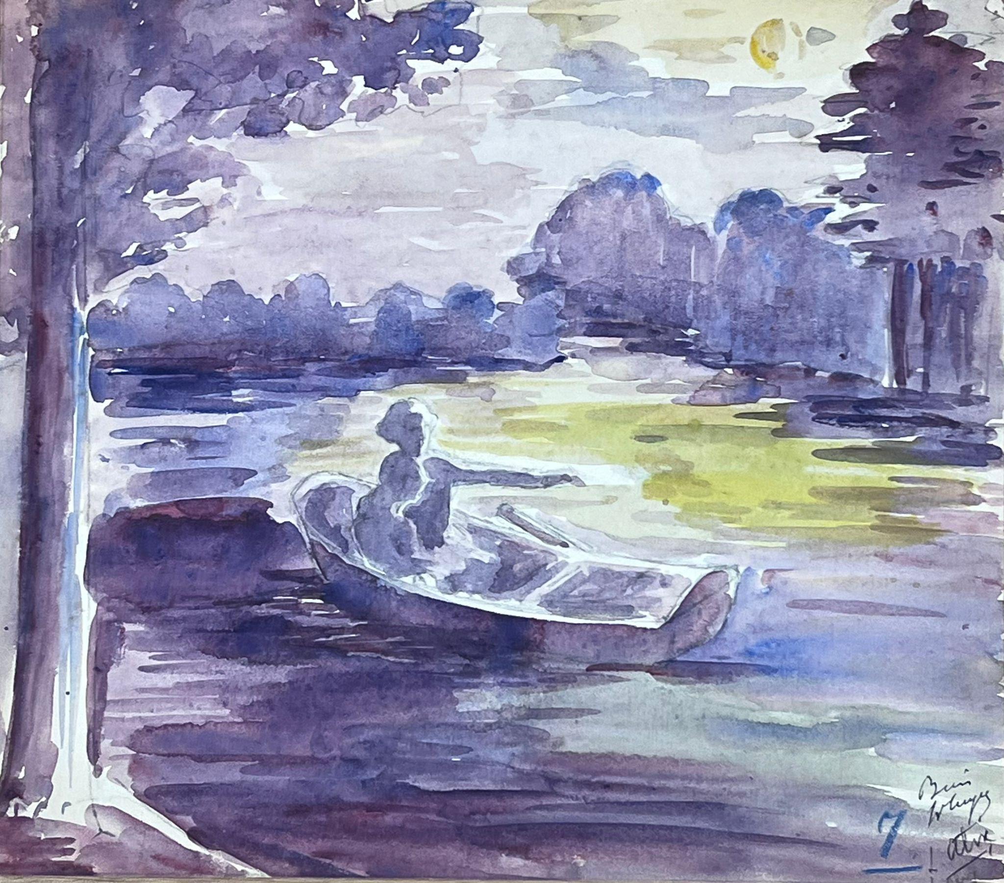 Ruderboot auf lila See bei Sonnenuntergang Aquarell  – Painting von Louise Alix