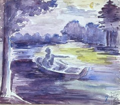 Rowing Boat On Sunset Purple Lake Watercolour