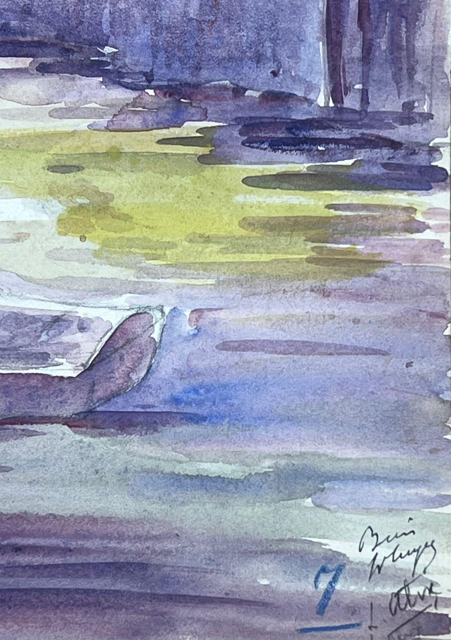 Ruderboot auf lila See bei Sonnenuntergang Aquarell  (Impressionismus), Painting, von Louise Alix