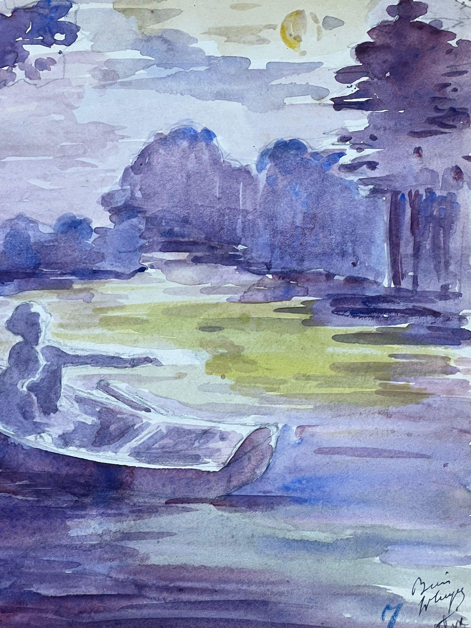 Rowing Boat On Sunset Purple Lake Watercolour  For Sale 1