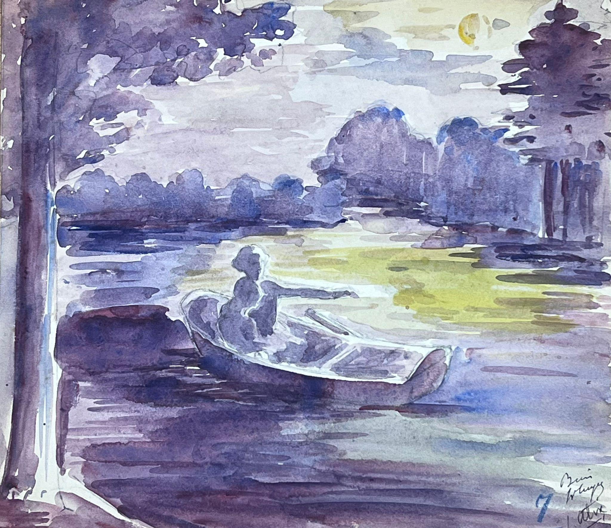 Louise Alix Figurative Painting – Ruderboot auf lila See bei Sonnenuntergang Aquarell 