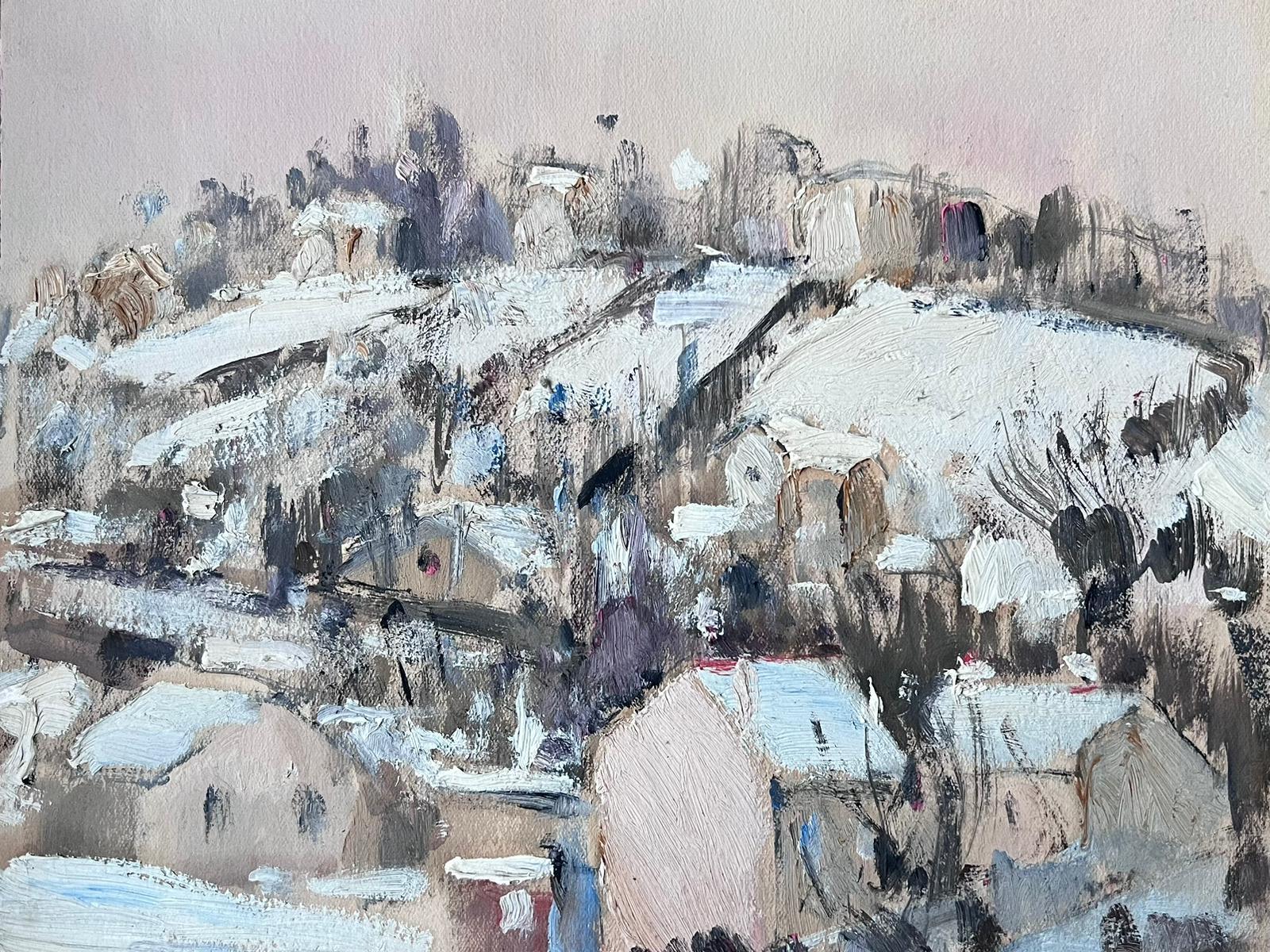 Snowy Rooftop Town French Impressionist Landscape Mid 20th Century - Gray Landscape Painting by Louise Alix