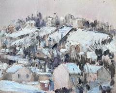 Snowy Rooftop Town French Impressionist Landscape Mid 20th Century