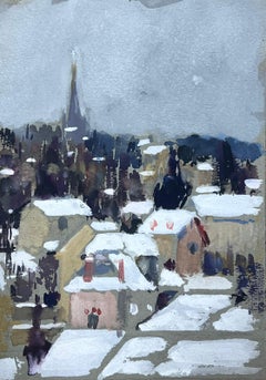 Snowy Rooftop Town French Impressionist Landscape Mid 20th Century