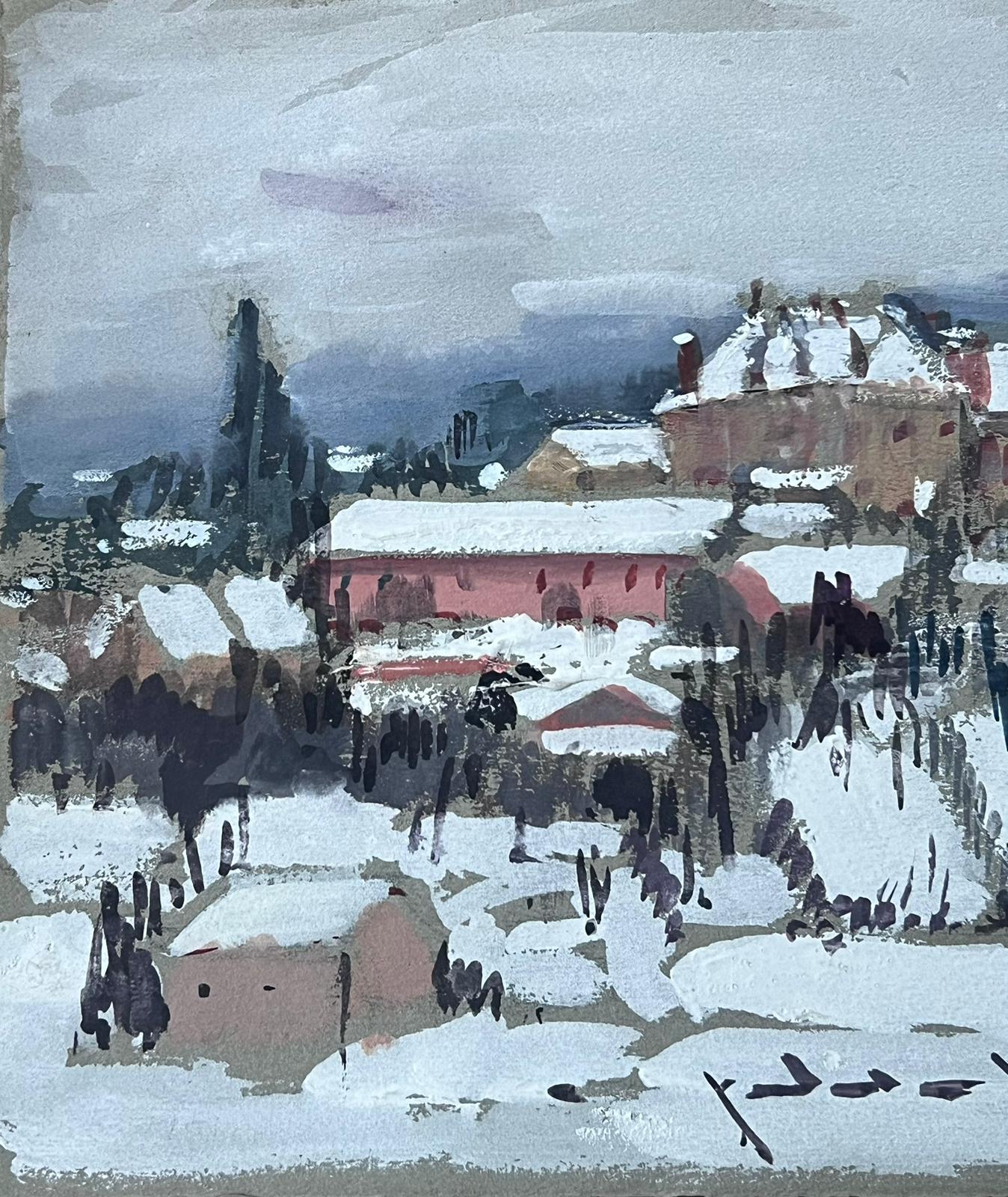 Snowy Rooftop Town French Impressionist Landscape Mid 20th Century Gouache - Painting by Louise Alix