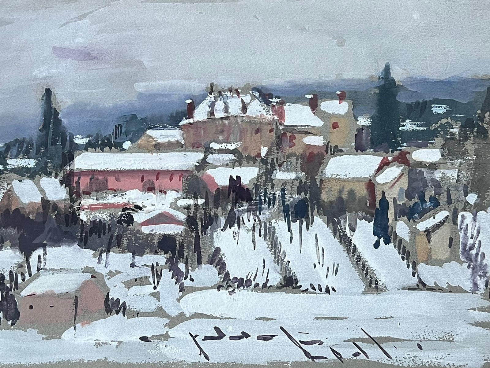 Snowy Rooftop Town French Impressionist Landscape Mid 20th Century Gouache - Gray Landscape Painting by Louise Alix