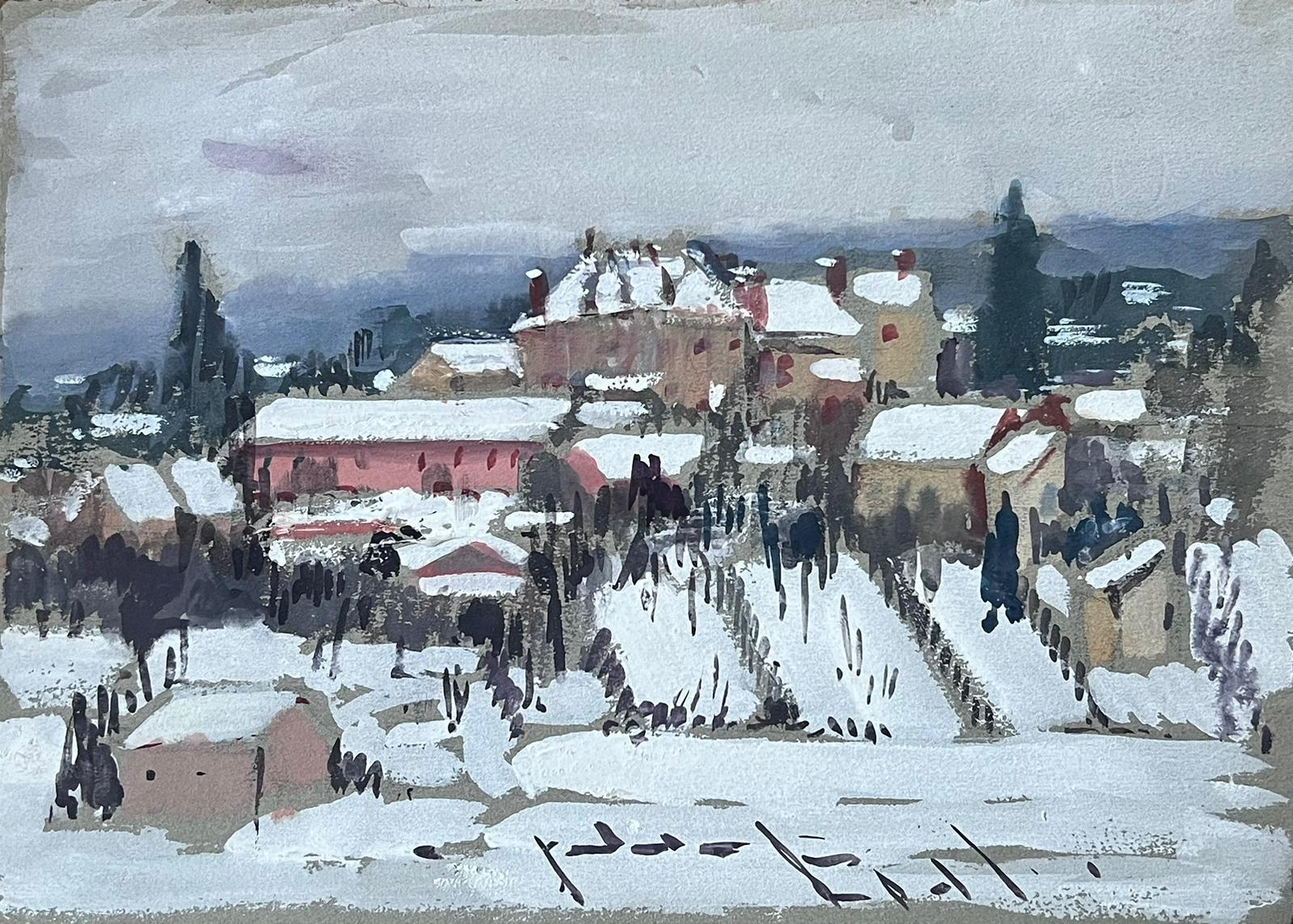 Louise Alix Landscape Painting - Snowy Rooftop Town French Impressionist Landscape Mid 20th Century Gouache