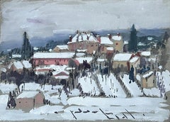 Vintage Snowy Rooftop Town French Impressionist Landscape Mid 20th Century Gouache
