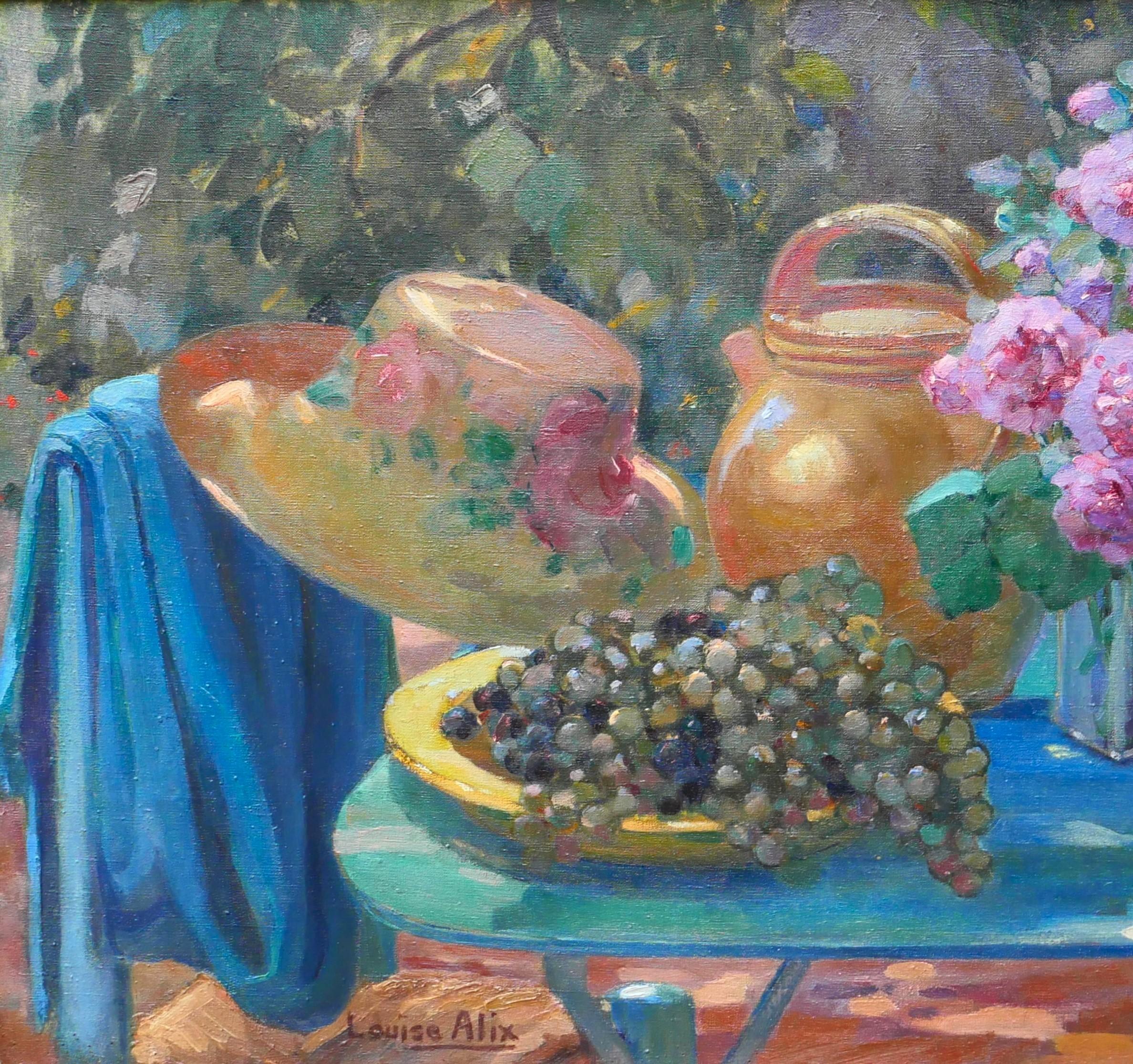 Still life in the garden: flowers, grapes and hat - Art Deco Painting by Louise Alix
