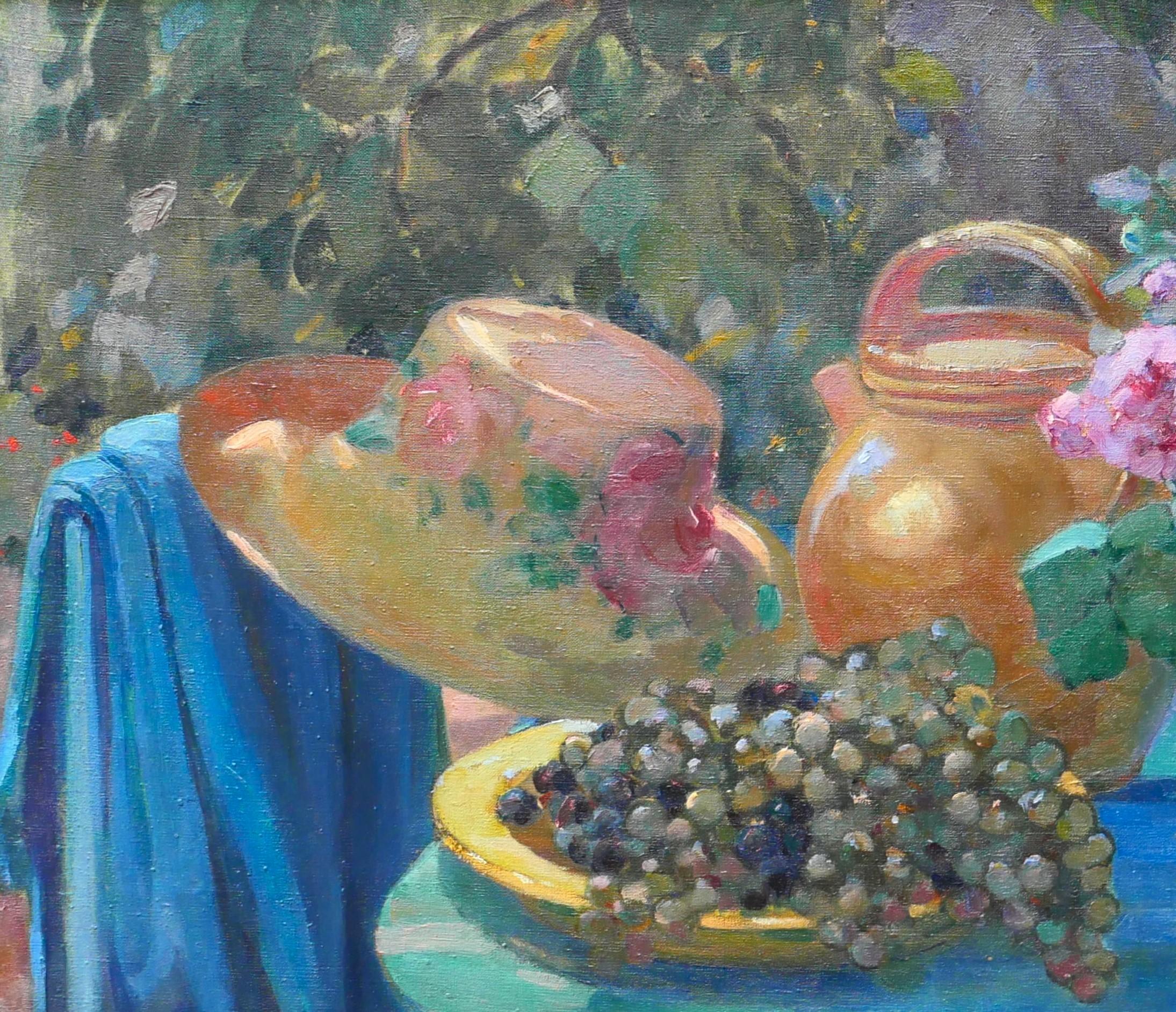 Still life in the garden: flowers, grapes and hat For Sale 1