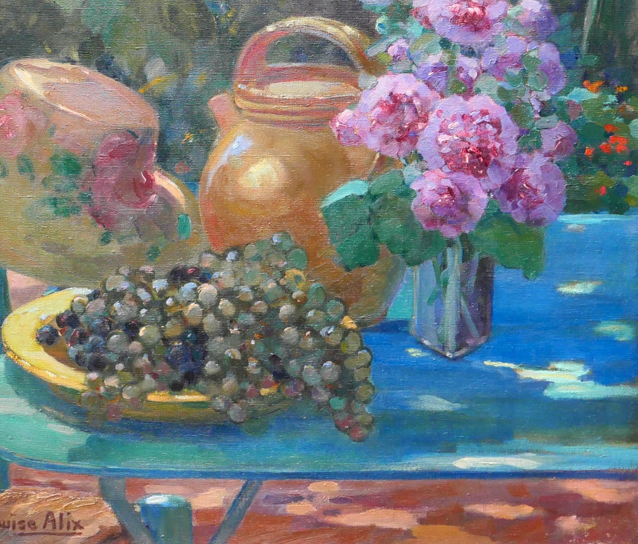 Still life in the garden: flowers, grapes and hat For Sale 3
