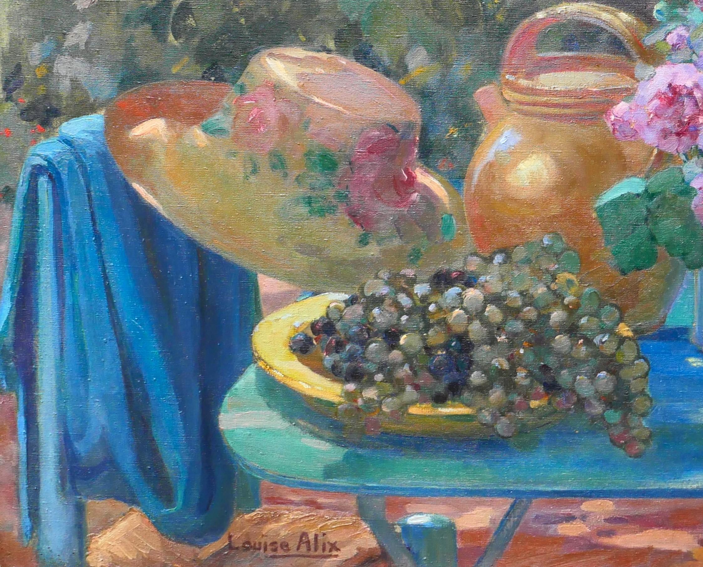 Still life in the garden: flowers, grapes and hat For Sale 4