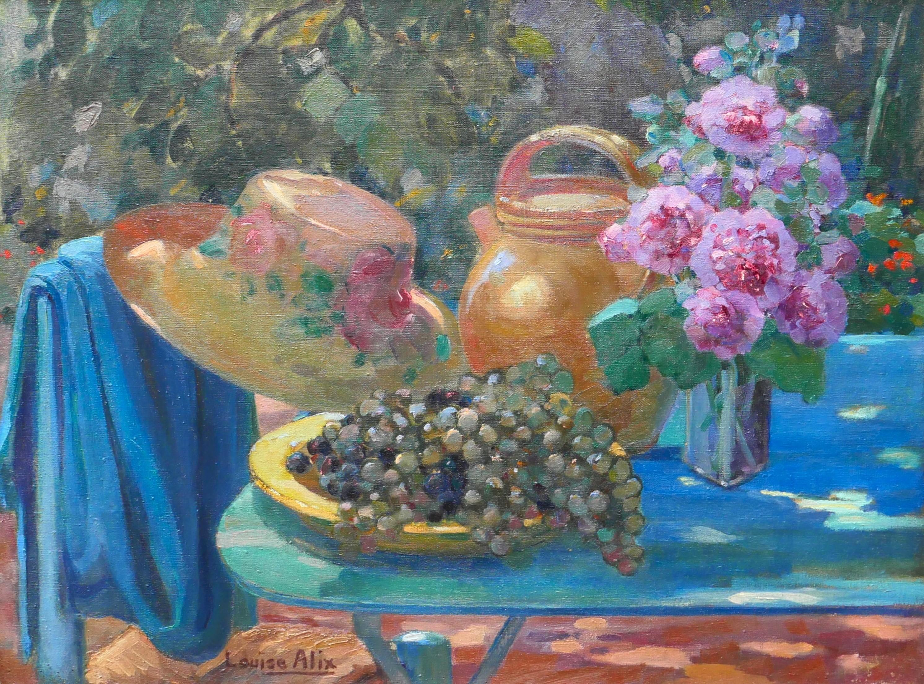 Louise Alix Still-Life Painting - Still life in the garden: flowers, grapes and hat