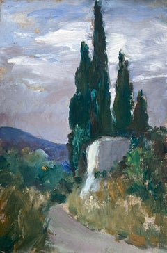 Tall Provence Cyprus Trees French Impressionist Oil Painting