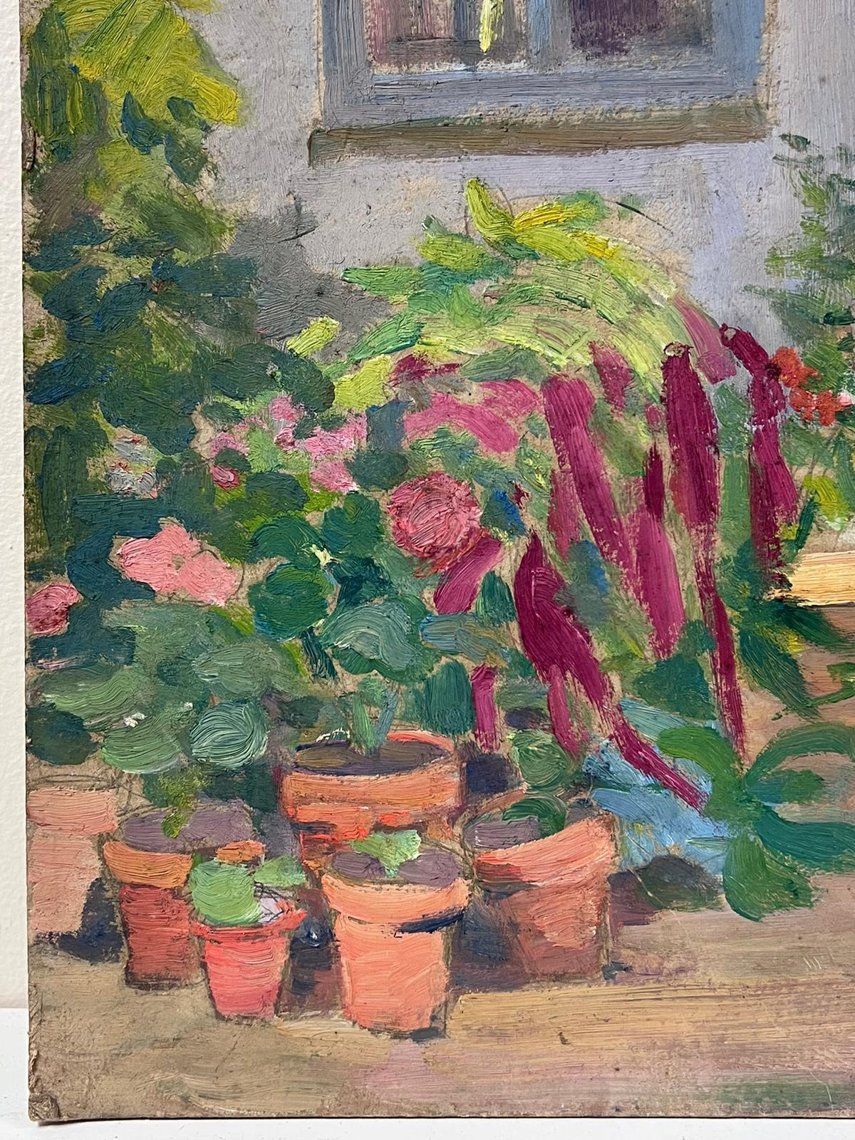 Garden Pots
by Louise Alix (French, 1888-1980) *see notes below
provenance stamp to the back 
oil painting on board, unframed
measures: 13 high by 9.5 inches wide
condition: overall very good and sound, a few scuffs and marks to the surface and wear