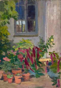 Terracotta Garden Pots in Artists Back Garden 1940's French Oil Painting