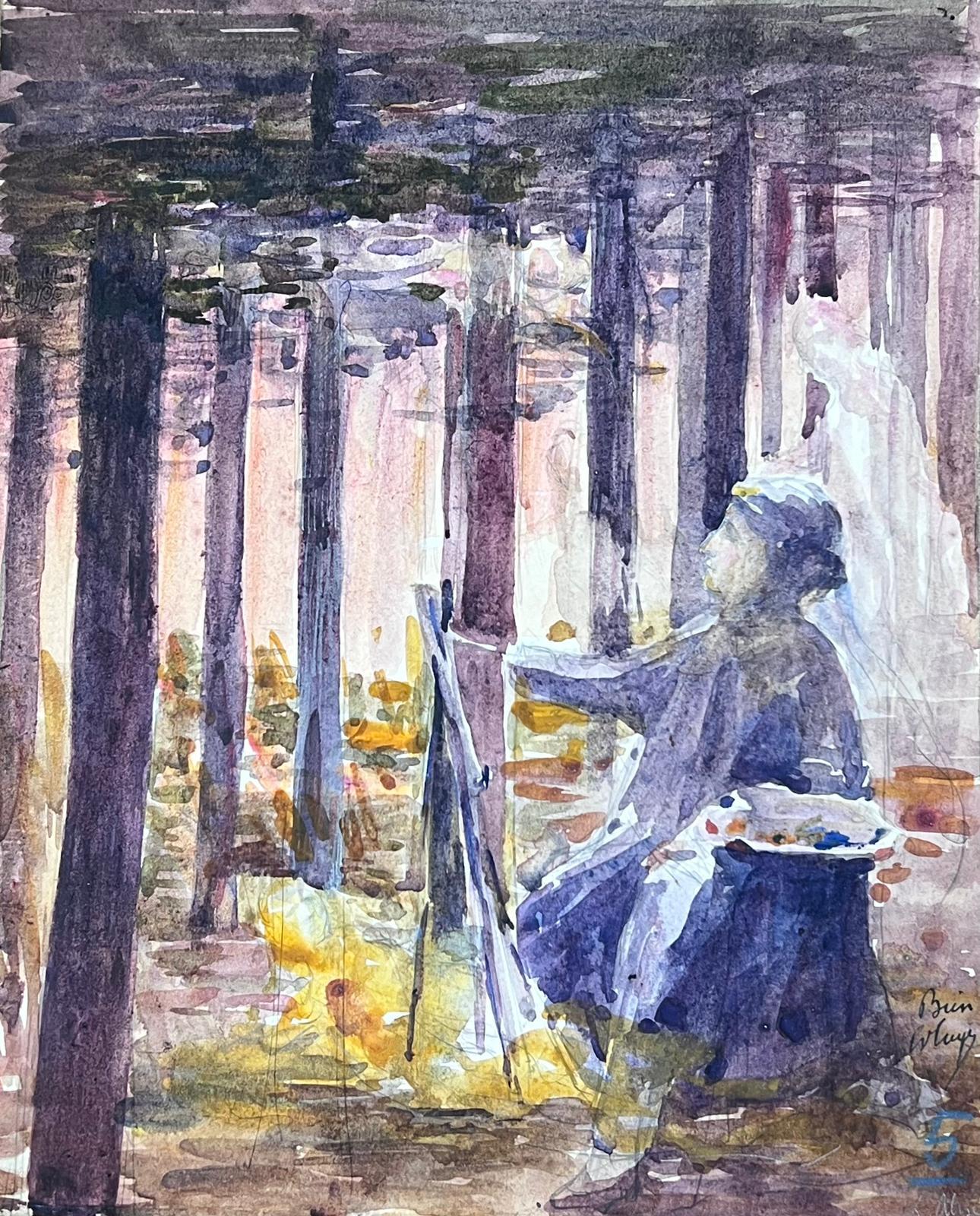 The Artist Painting In Purple Woodland Landscape French Impressionist  For Sale 1