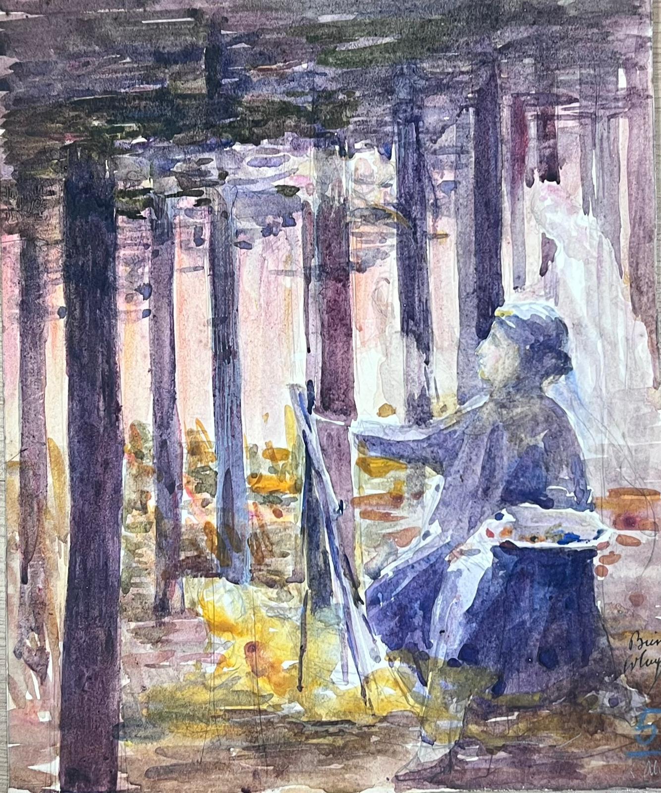 Landscape Painting Louise Alix - Peinture impressionniste française d'un paysage de bois violet 