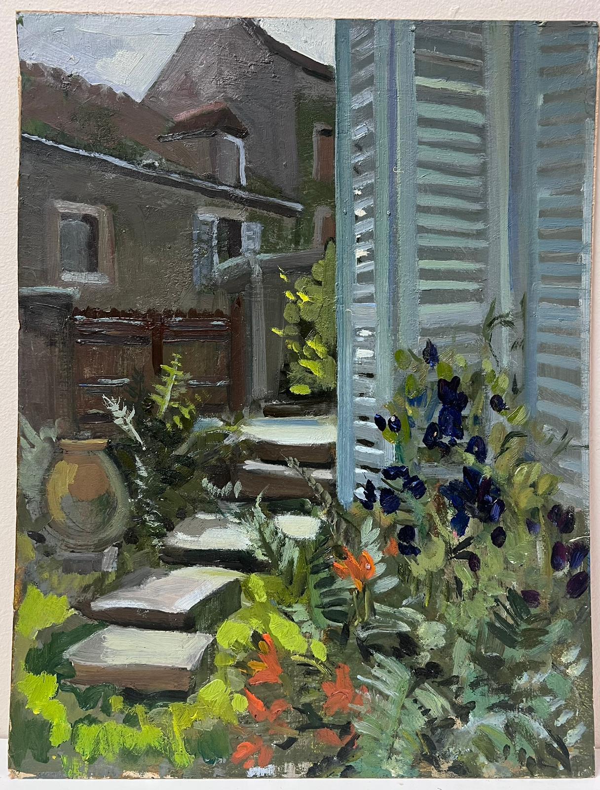 El jardín de los artistas y las contraventanas francesas Óleo impresionista francés de 1940 - Painting de Louise Alix