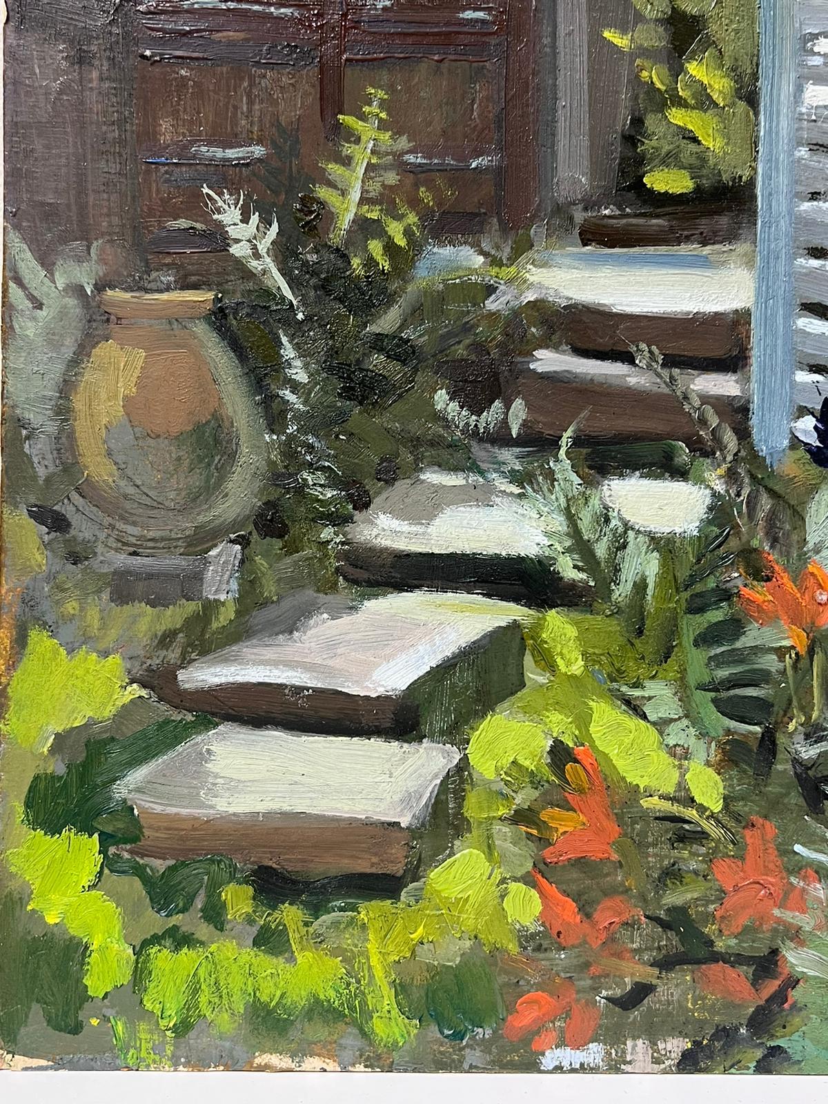 El jardín de los artistas y las contraventanas francesas Óleo impresionista francés de 1940 - Landscape Painting Gris de Louise Alix