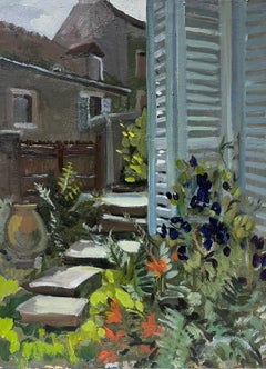 The Artists Garden & French Window Shutters 1940's French Impressionist Oil 