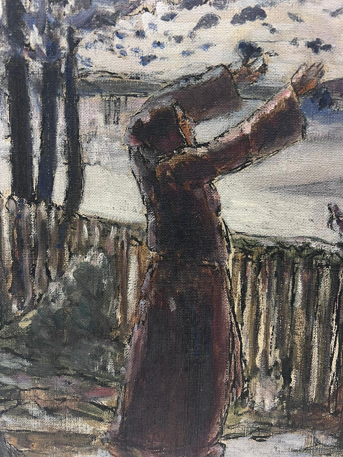 The Lady Feeding The Birds In Gloomy Winter Park French Oil Painting  For Sale 1