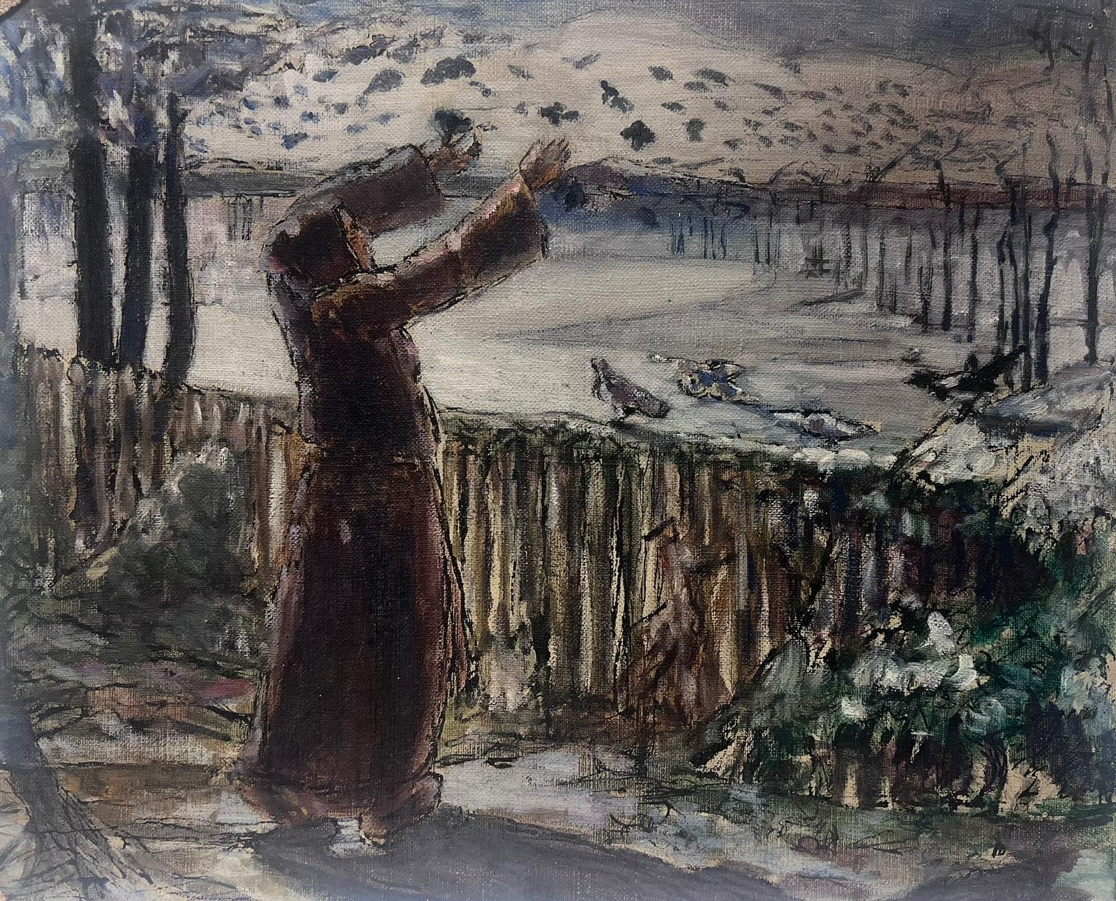 La femme nourrissant les oiseaux dans un parc d'hiver éclatant, peinture à l'huile française 