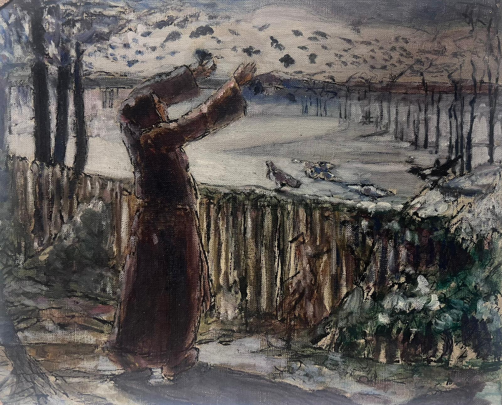 Louise Alix Figurative Painting - The Lady Feeding The Birds In Gloomy Winter Park French Oil Painting