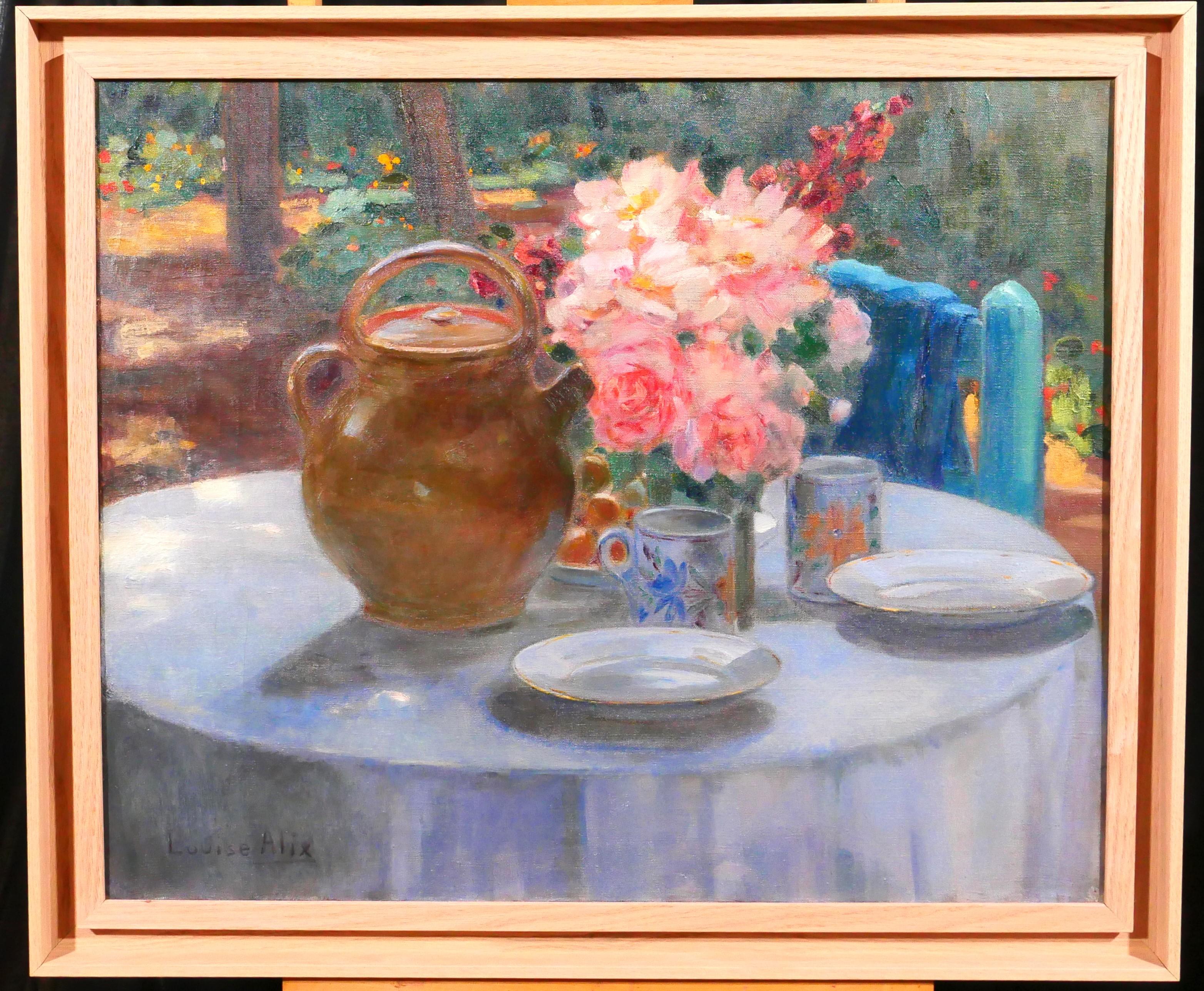 The table in the garden, flowers at tea time - Painting by Louise Alix