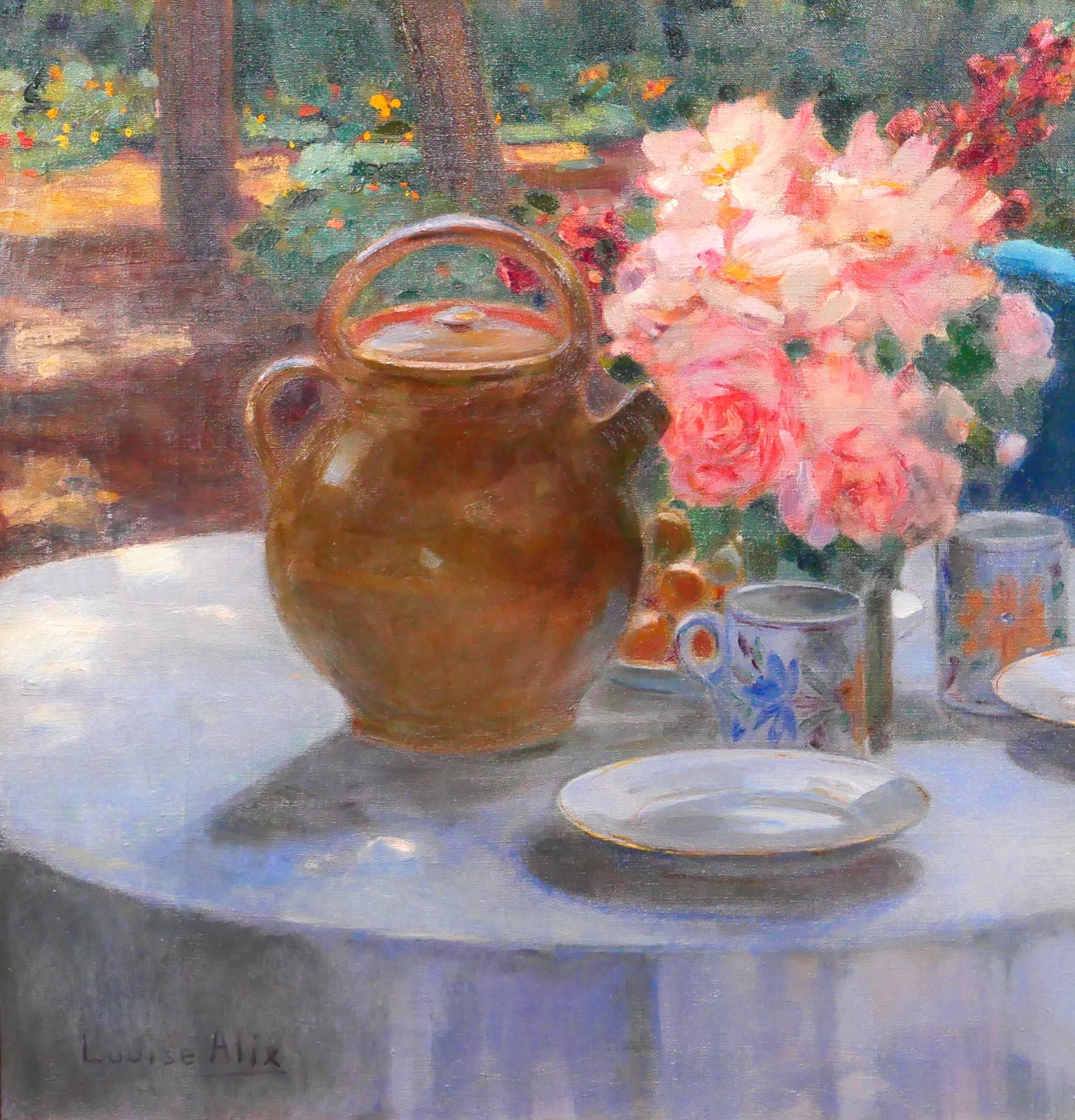 The table in the garden, flowers at tea time - Art Deco Painting by Louise Alix
