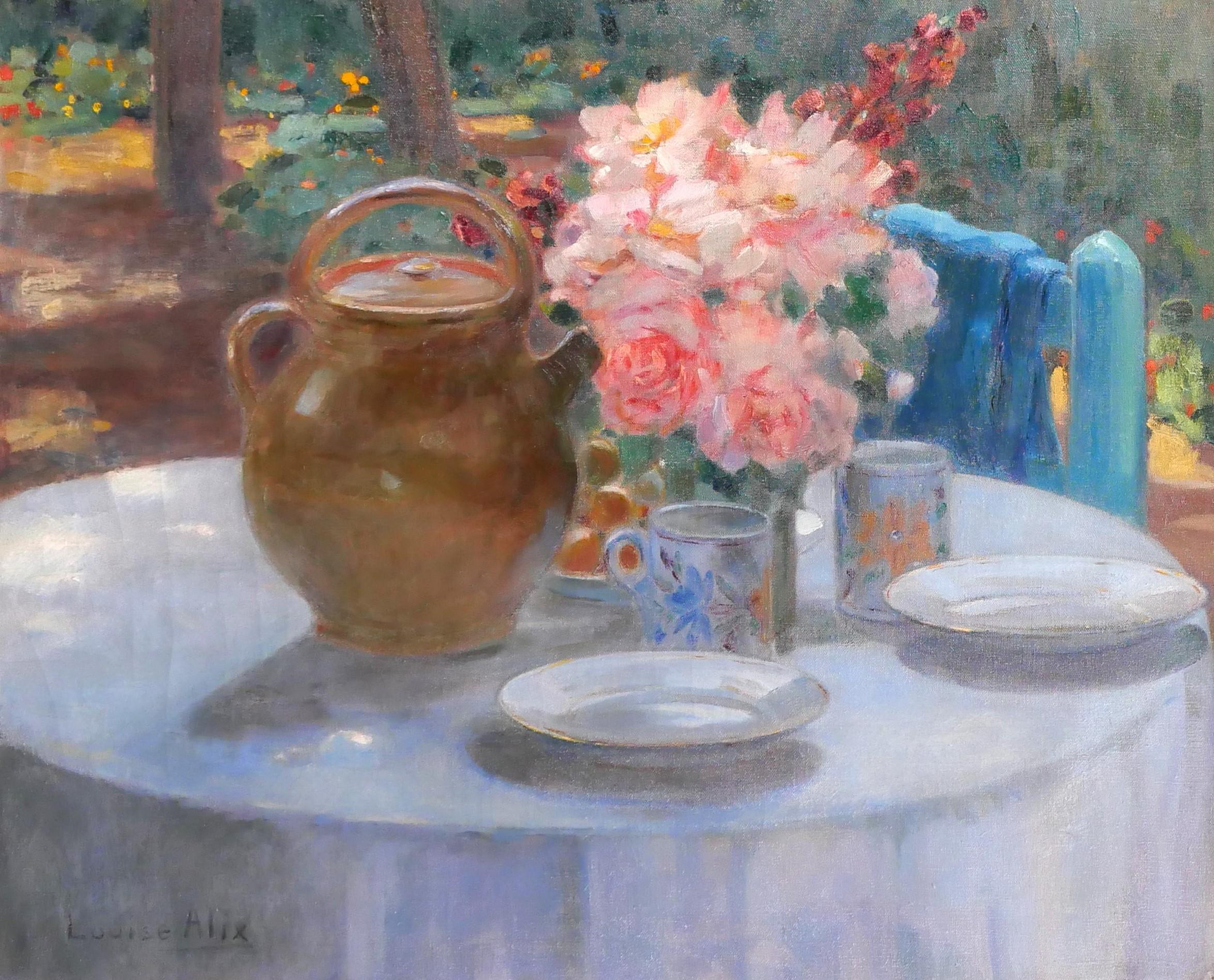 The table in the garden, flowers at tea time
