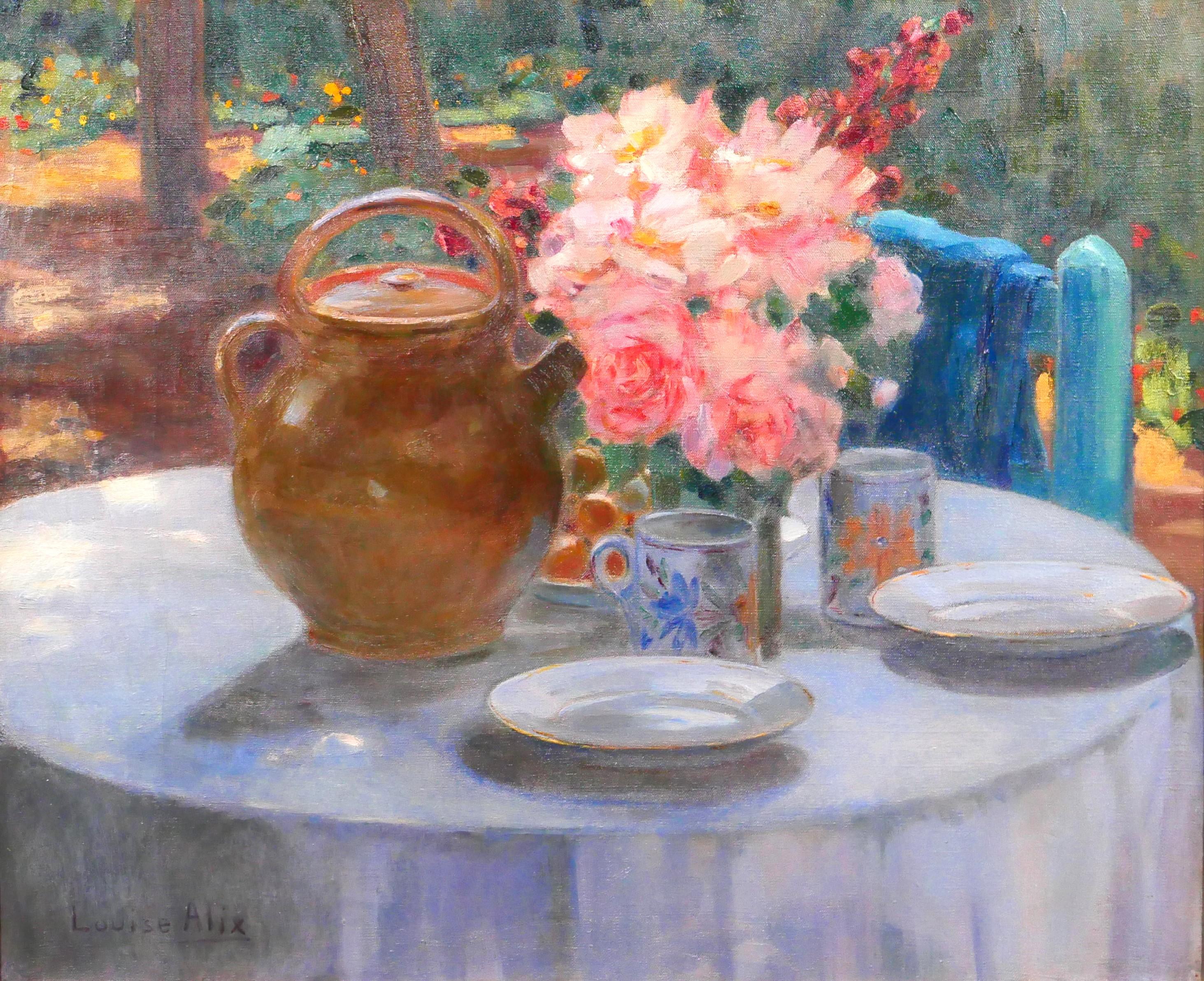 Louise Alix Still-Life Painting – Der Tisch im Garten, Blumen zur Teezeit
