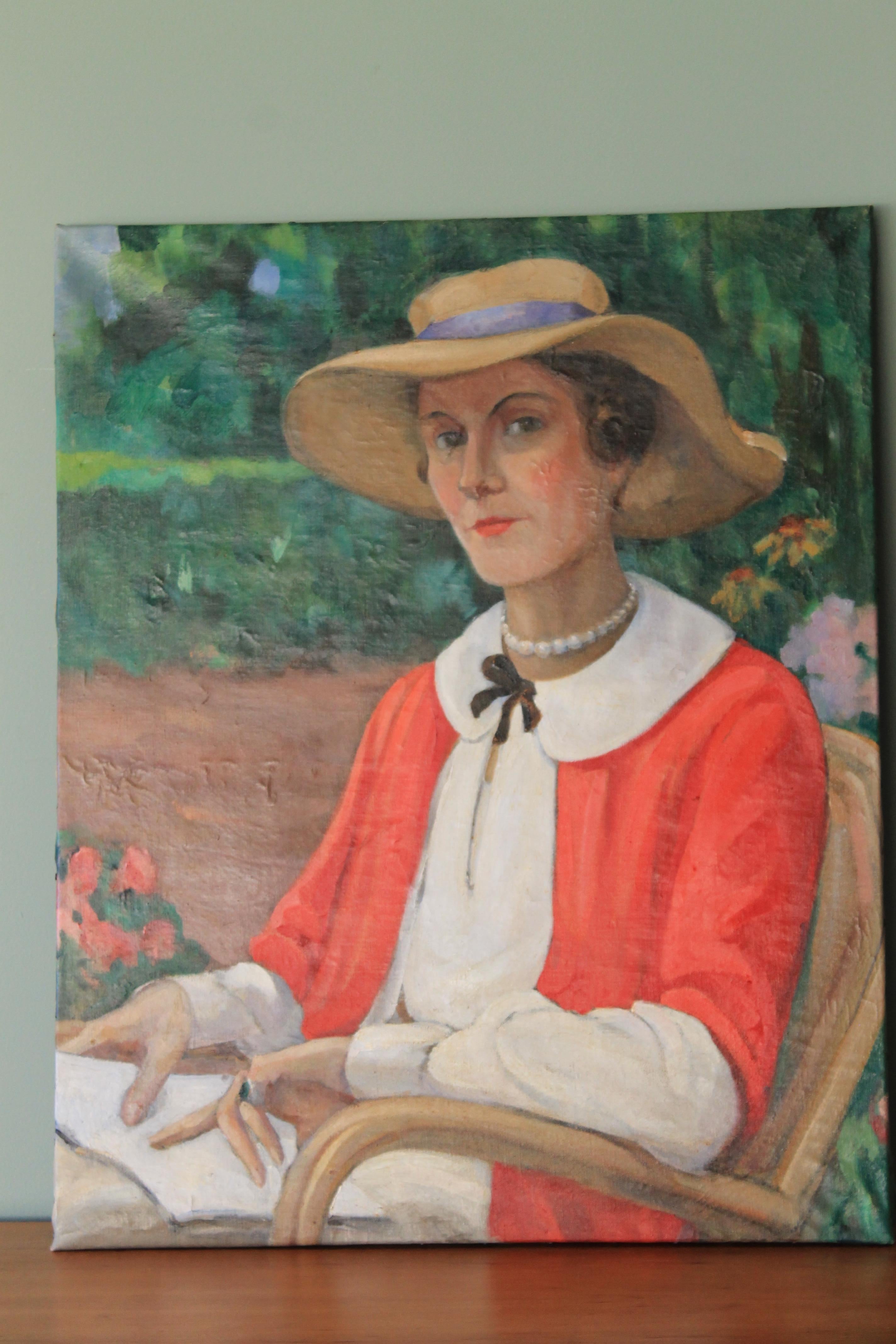 Large vintage portrait of a woman, oil painting by Louise Alix of a woman in a hat in a garden setting. 
An unusual and striking bright portrait of a woman with a white blouse, red jacket and pearls. It's on a textured canvas.

MORE ABOUT THIS